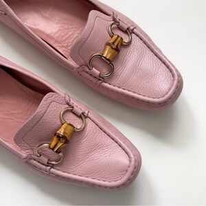 Vintage 2000s Gucci Loafers Diving Moccasin Bamboo Horse Bit Baby Pink Leather